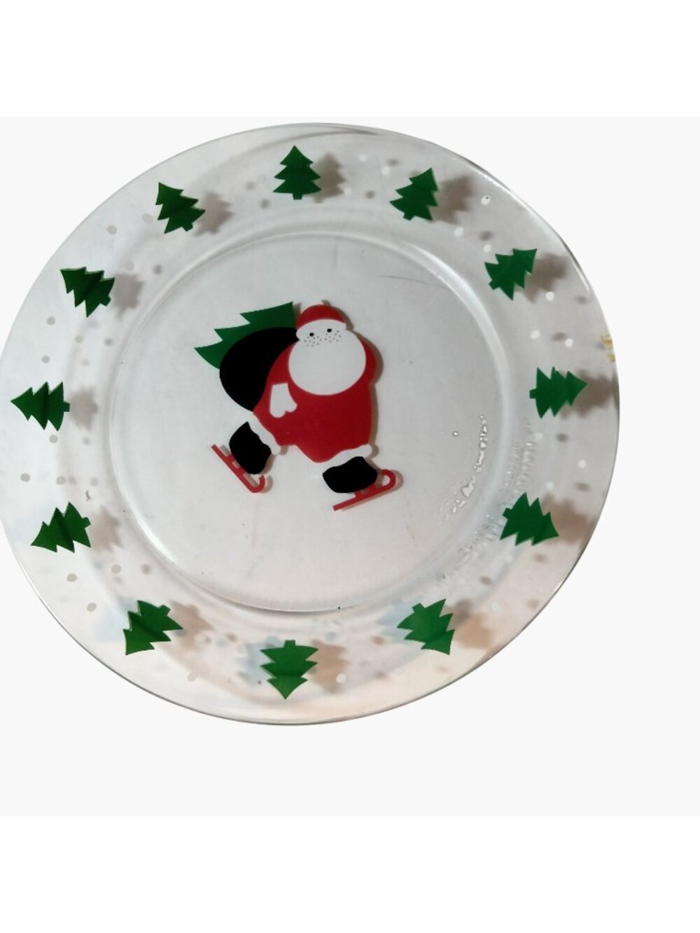 Arcoroc Christmas Plate Santa Skating  Vintage Salad Dessert Glass France 8 inch